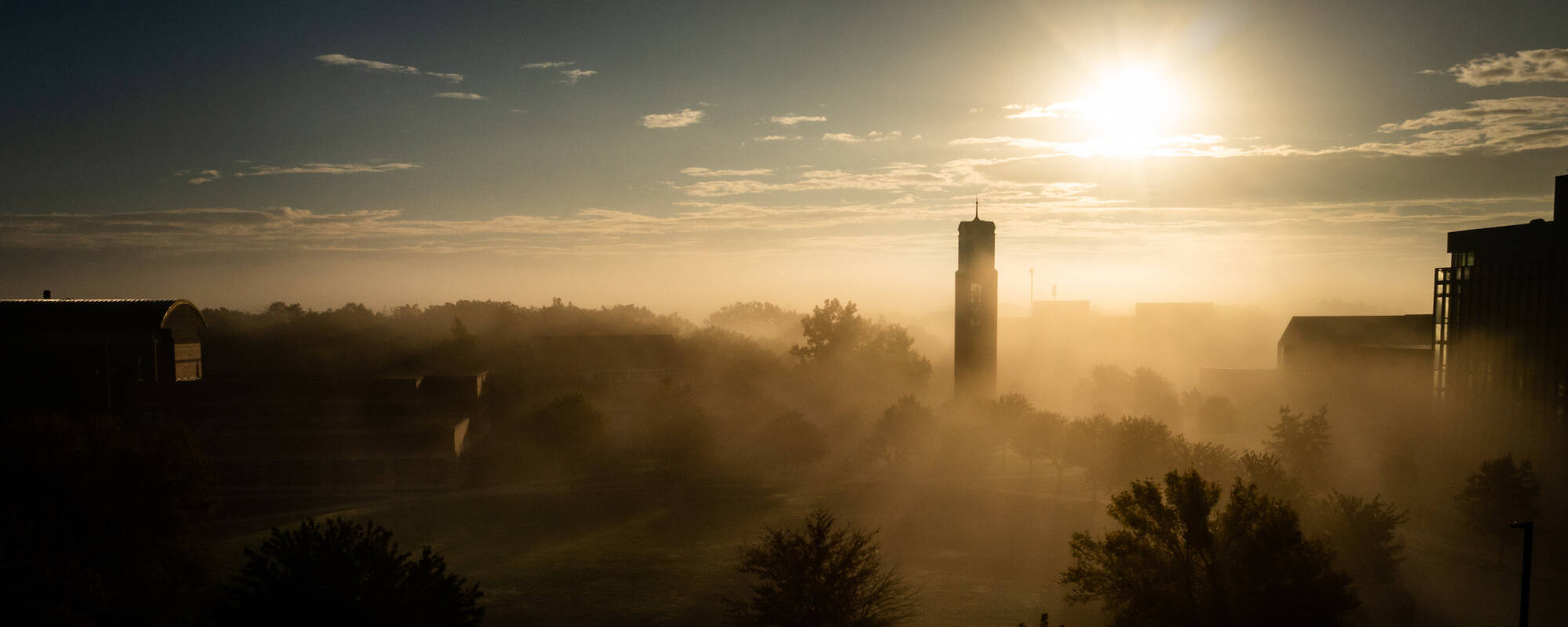 Foggy Campus with Clocktower in the Background